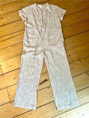 Striped Cream Line & Dot Linen Blend Jumpsuit